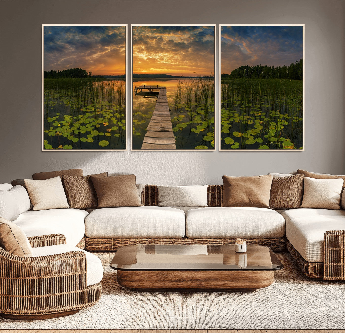 28103-MGV-FC-60X30-3P_Natural-Lake and Flower Wall Art Canvas Print