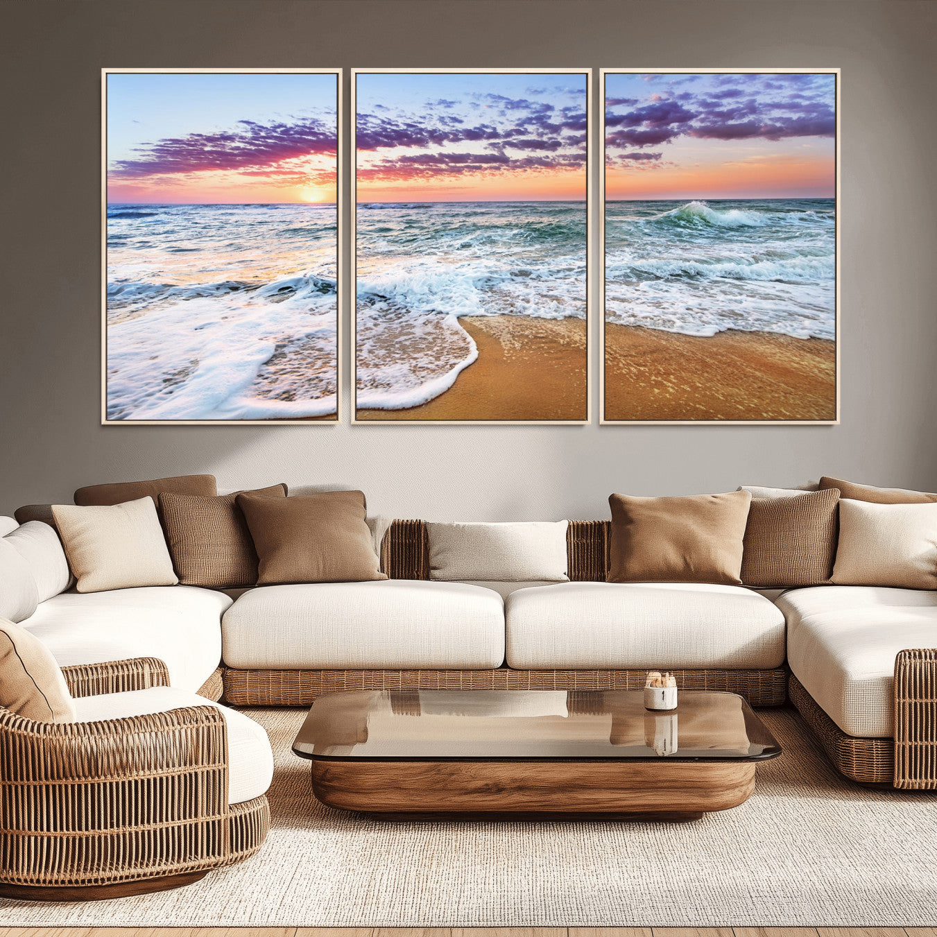 -Coastal Sunset Art Beach Canvas Wall Art Print | Ocean Waves Wall Art | Large 3-Panel Seascape for