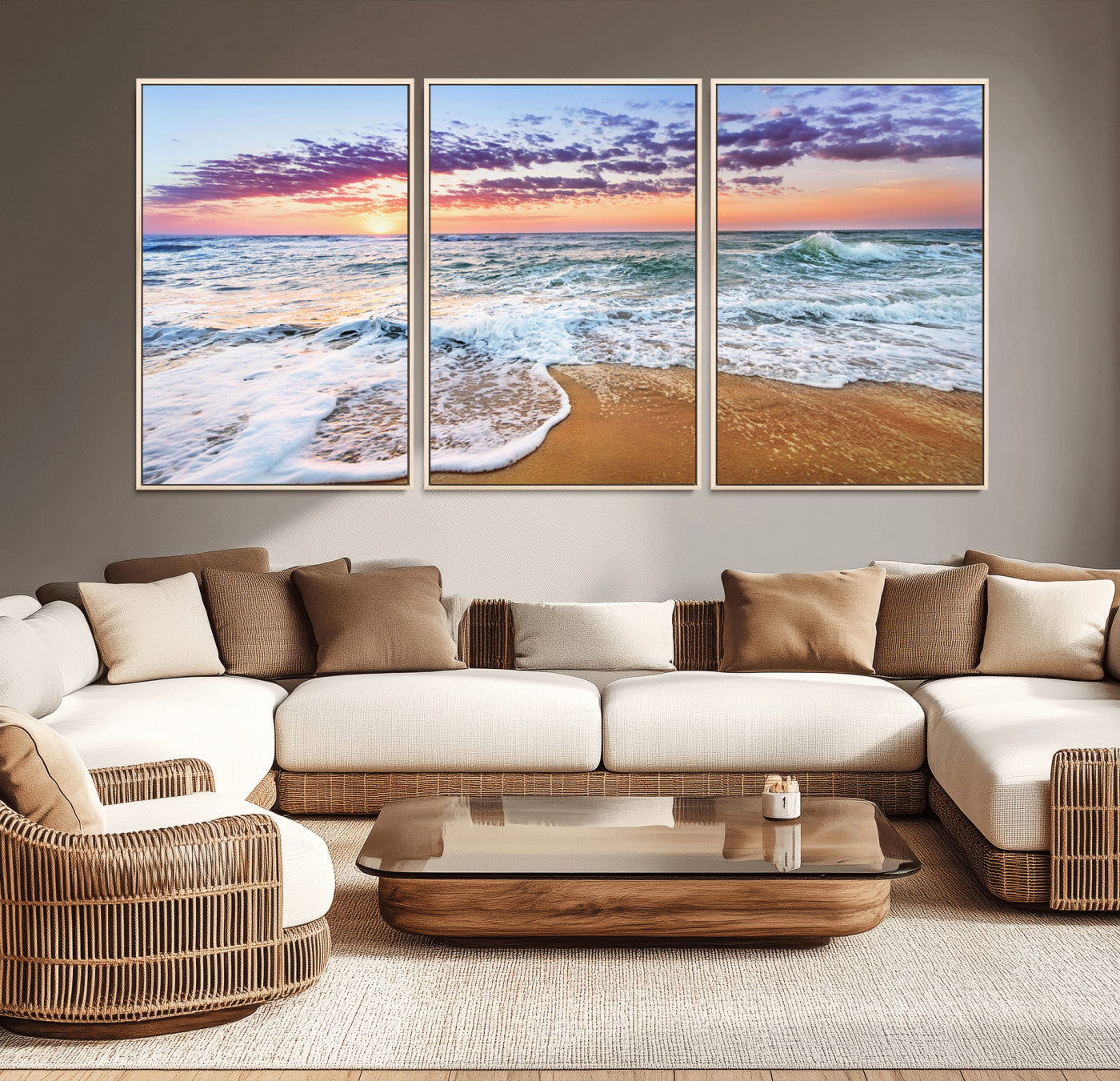 53006-MGV-CV-36X24-Coastal Sunset Art Beach Canvas Wall Art Print | Ocean Waves Wall Art | Large 3-Panel Seascape for