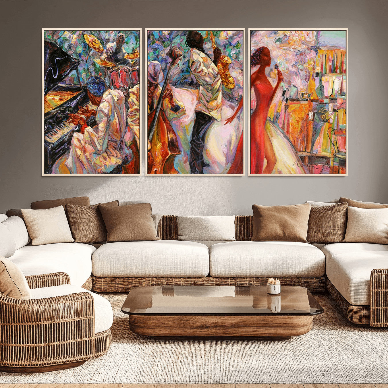 40574-MGV-FC-60X30-3P_Natural-Abstract Afro American Jazz Canvas Wall Art | Music-Inspired Painting for Dining Room, Living Room,