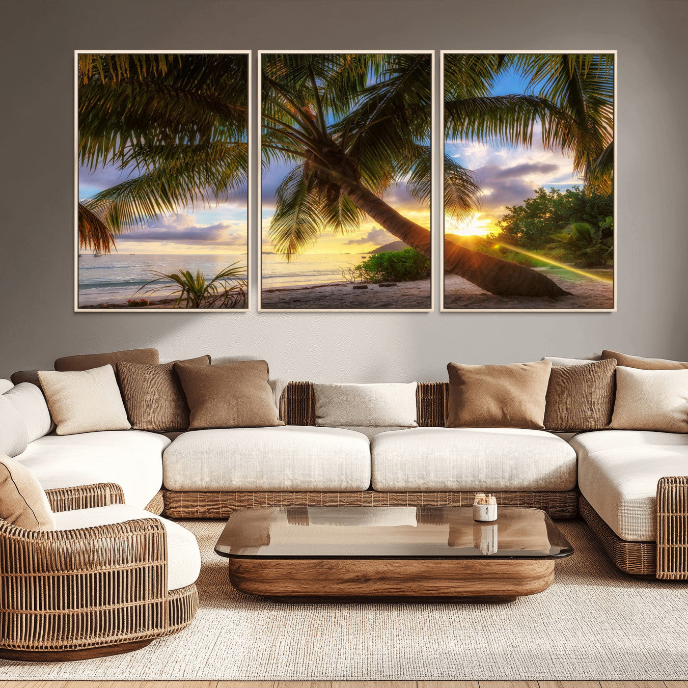 -Tropical Island Sunset on the Beach Palms Wall Art Canvas Print