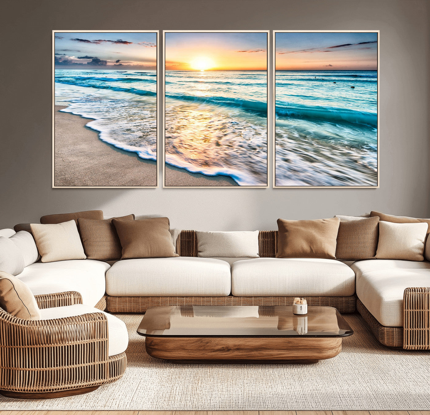 27815-MGV-CV-36X24-Sunset Beach Waves Canvas Wall Art – 5-Panel Ocean Sunset Print – Coastal Decor for Living Room or