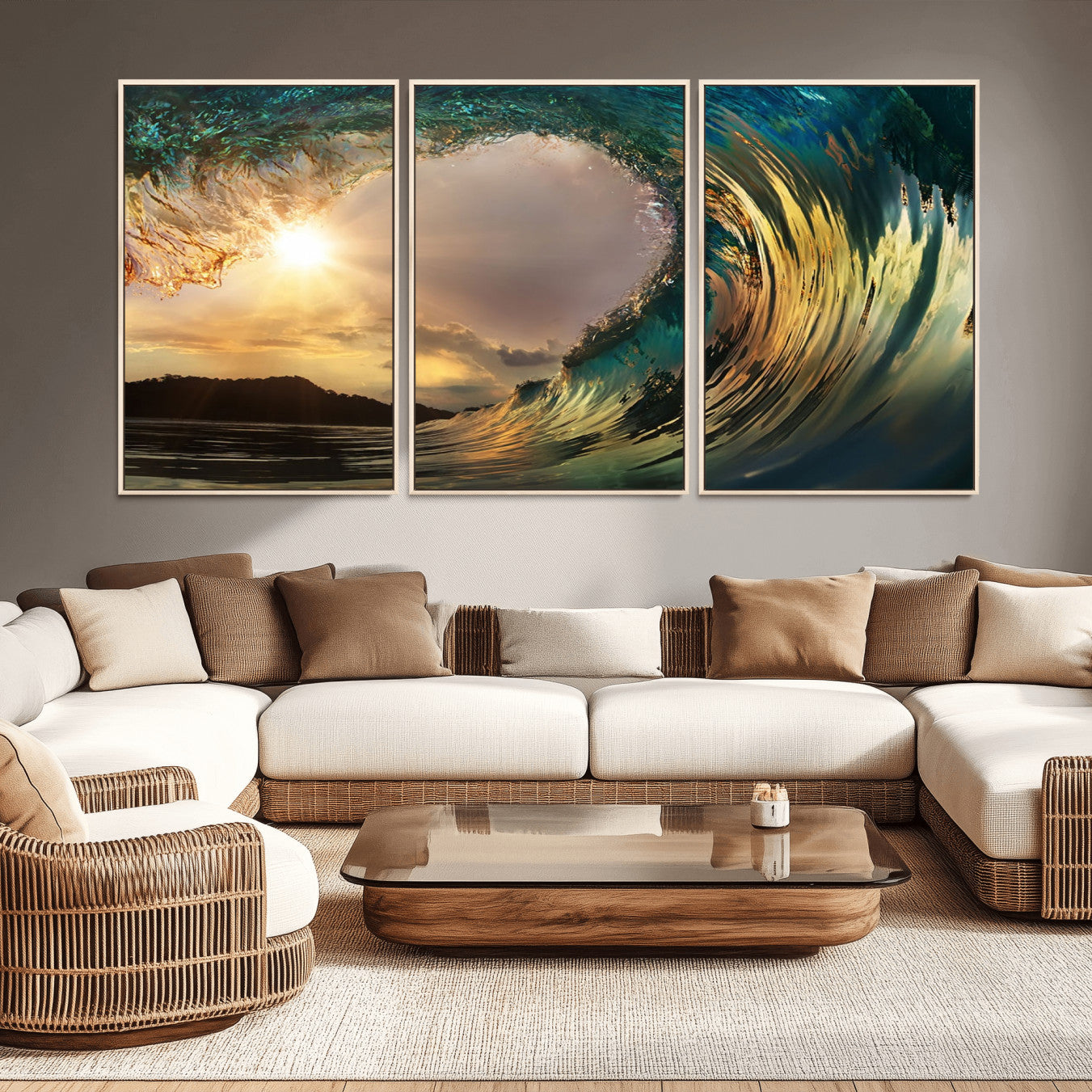 -Golden Wave Sunset Canvas Print – Large Coastal Wall Art for Nature Lovers, Captivating Ocean Wave