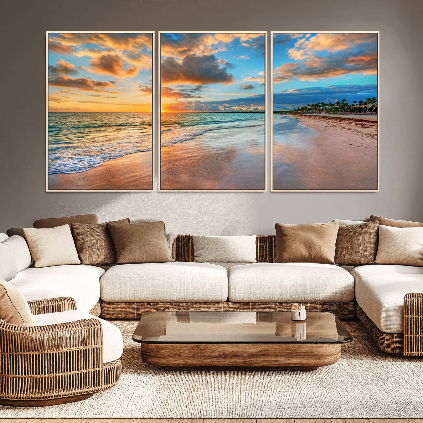 -Sunset Beach Canvas Wall Art – Tropical Triptych Seascape Print – Coastal Ocean Decor for Living