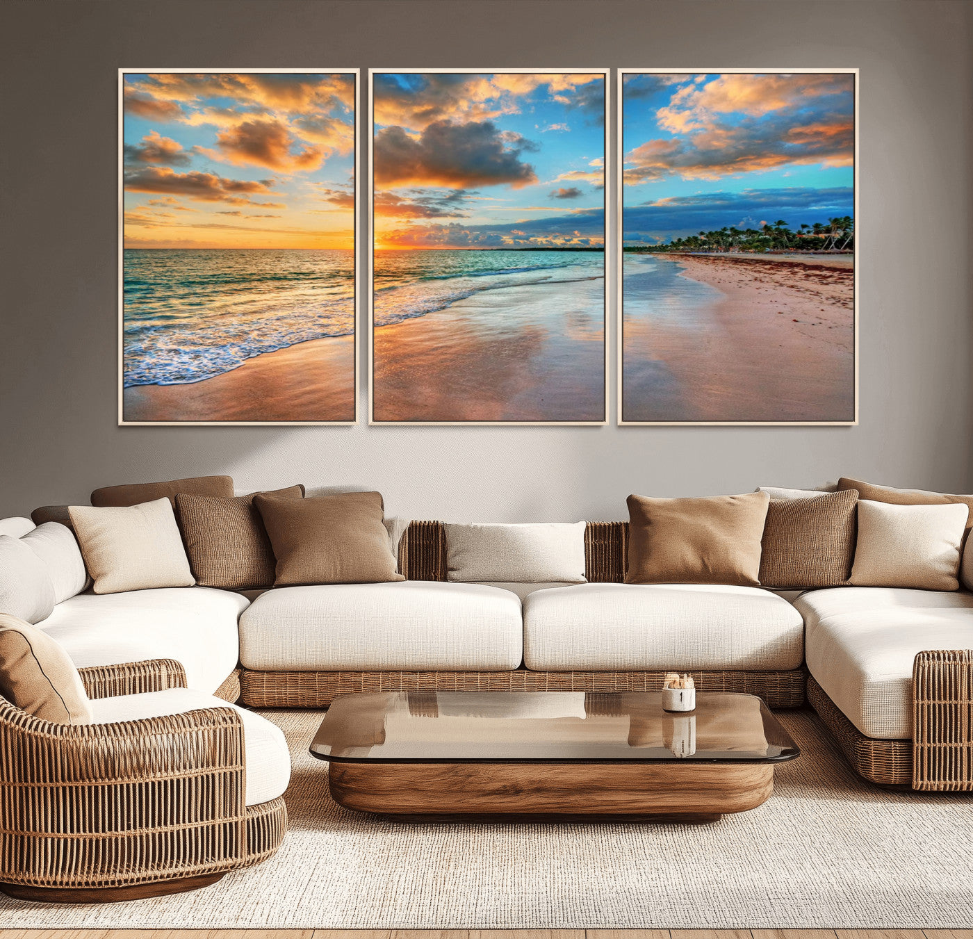 -Sunset Beach Canvas Wall Art – Tropical Triptych Seascape Print – Coastal Ocean Decor for Living