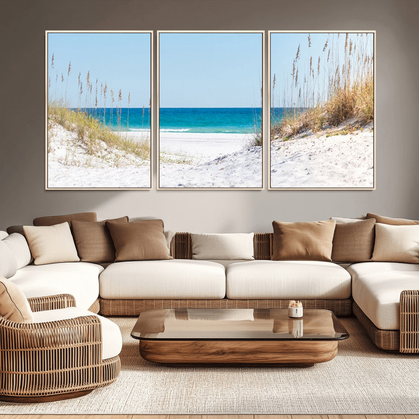 -Serene Coastal Dune Path with Ocean View, 3-Panel Beach Canvas Wall Art, Tranquil Seascape Giclee
