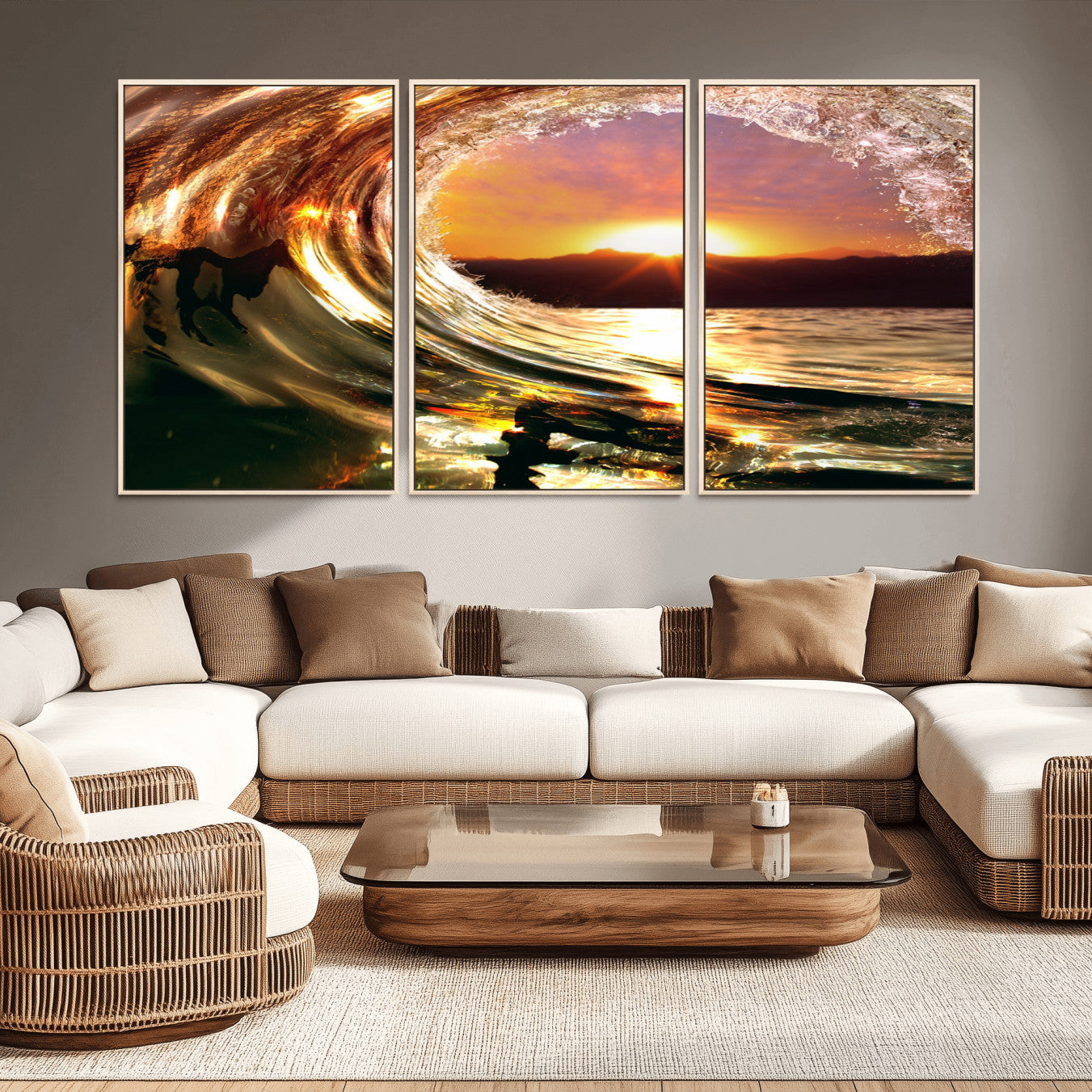 -Golden Wave Sunset Triptych Canvas Art, Giclee Canvas Print of Ocean Wave and Sunset, Framed Ocean