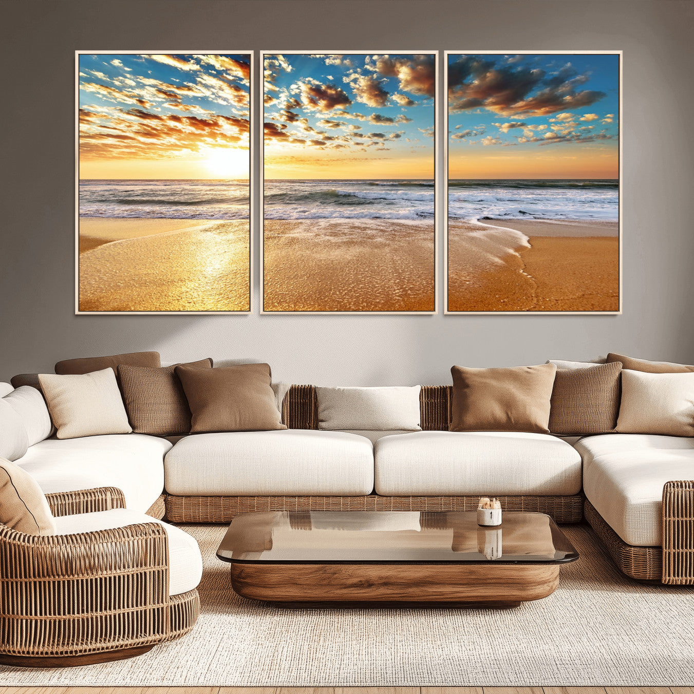 30822-MGV-FC-60X30-3P_Natural-Golden Sunset Beach Print Canvas Wall Art, Giclee Canvas Print with Canon Print Quality, Triptych