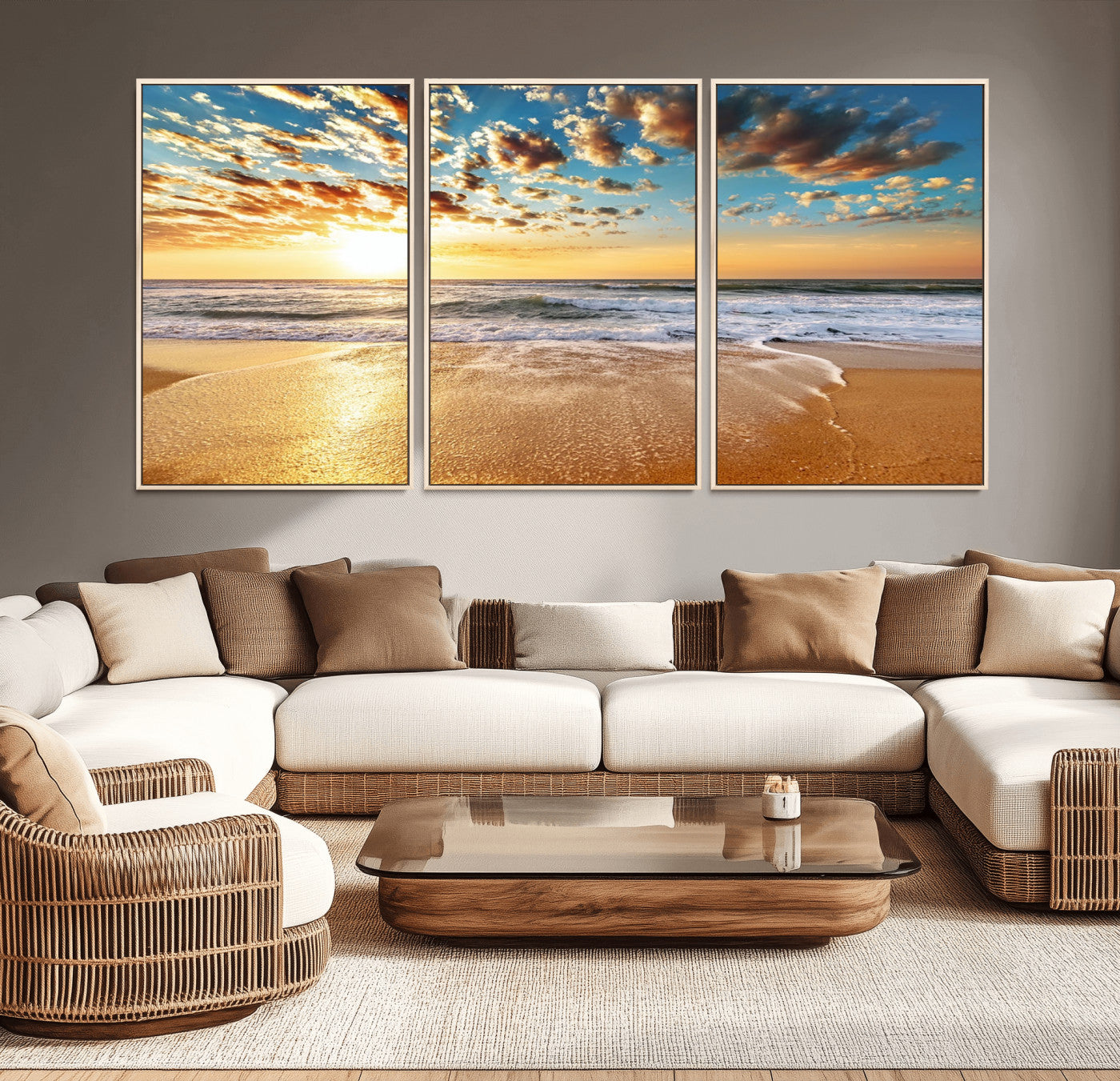 30822-MGV-FC-60X30-3P_Natural-Golden Sunset Beach Print Canvas Wall Art, Giclee Canvas Print with Canon Print Quality, Triptych
