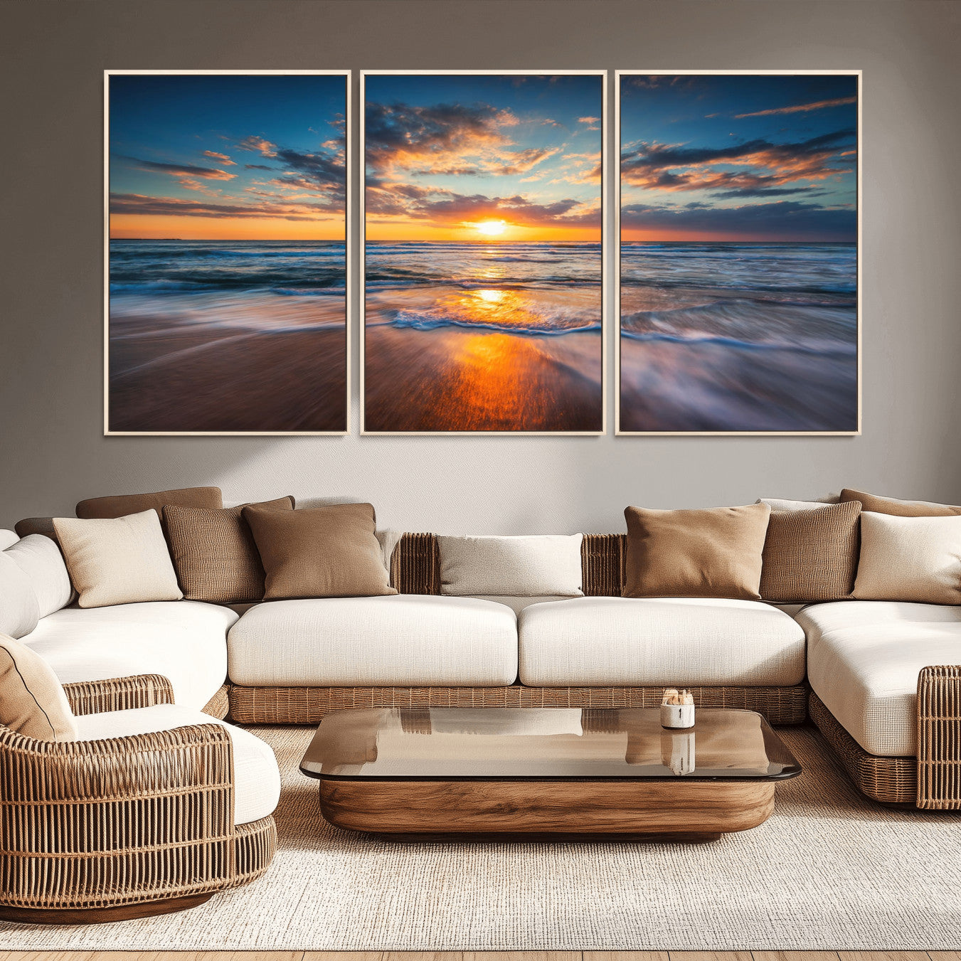 -Sunset on the Ocean Beach with Waves, Reflections on Sand, Coastal Wall Art Print, Beach Wall Art,