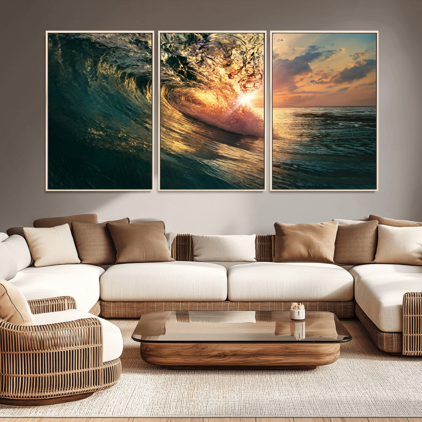 -Ocean Wave Sunset Canvas Wall Art – Triptych Seascape Print – Framed and Ready to Hang for Living