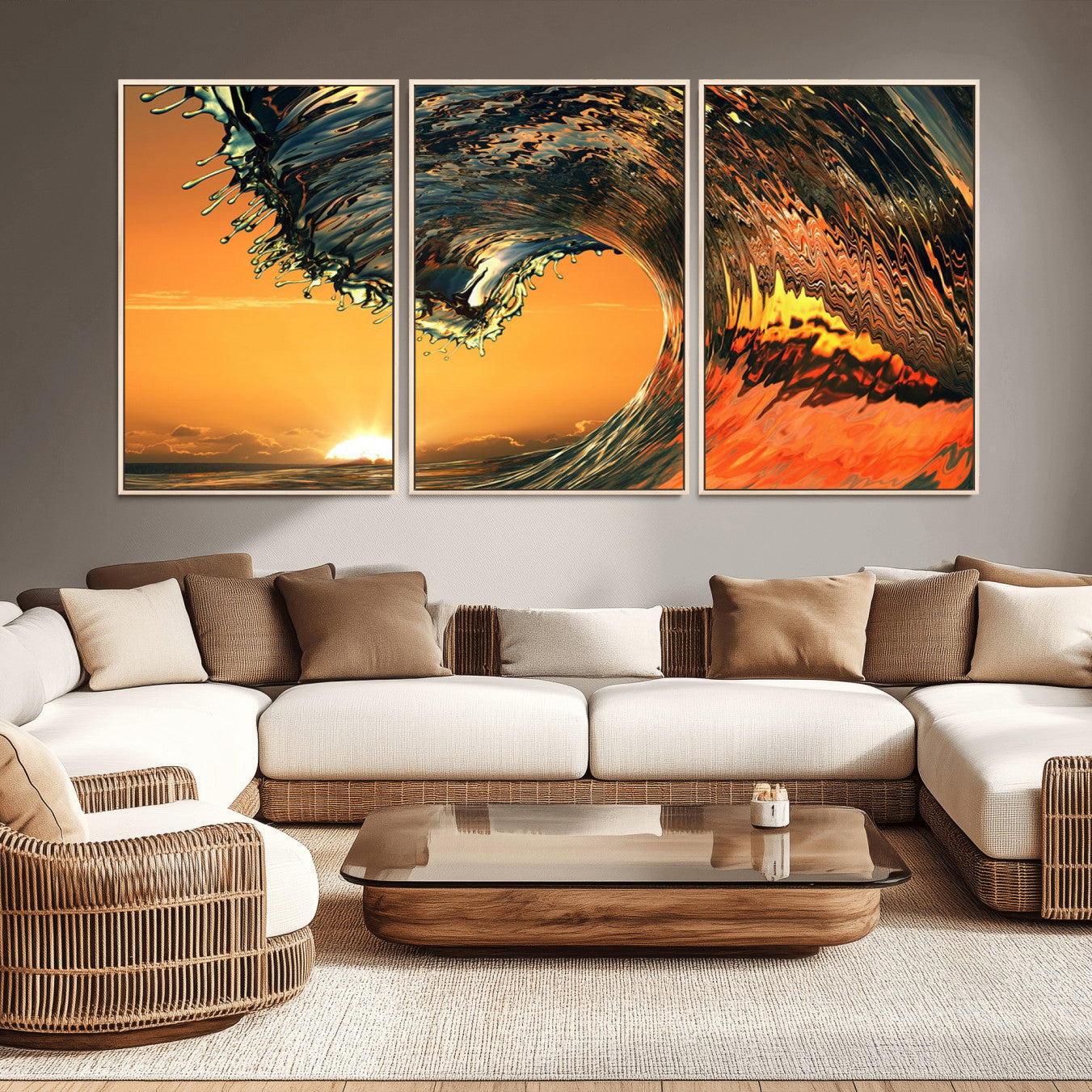 -Surf Wave Sunset Canvas Wall Art Print, 3-Panel Ocean Coastal Wall Art Print, Ocean Decor for