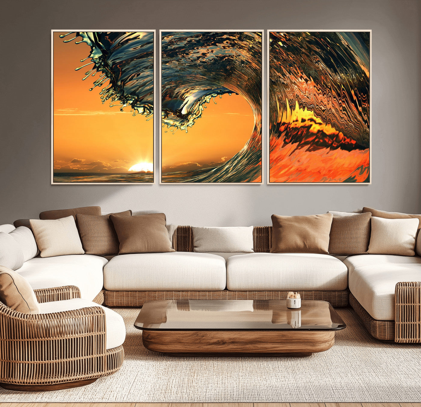 -Surf Wave Sunset Canvas Wall Art Print, 3-Panel Ocean Coastal Wall Art Print, Ocean Decor for