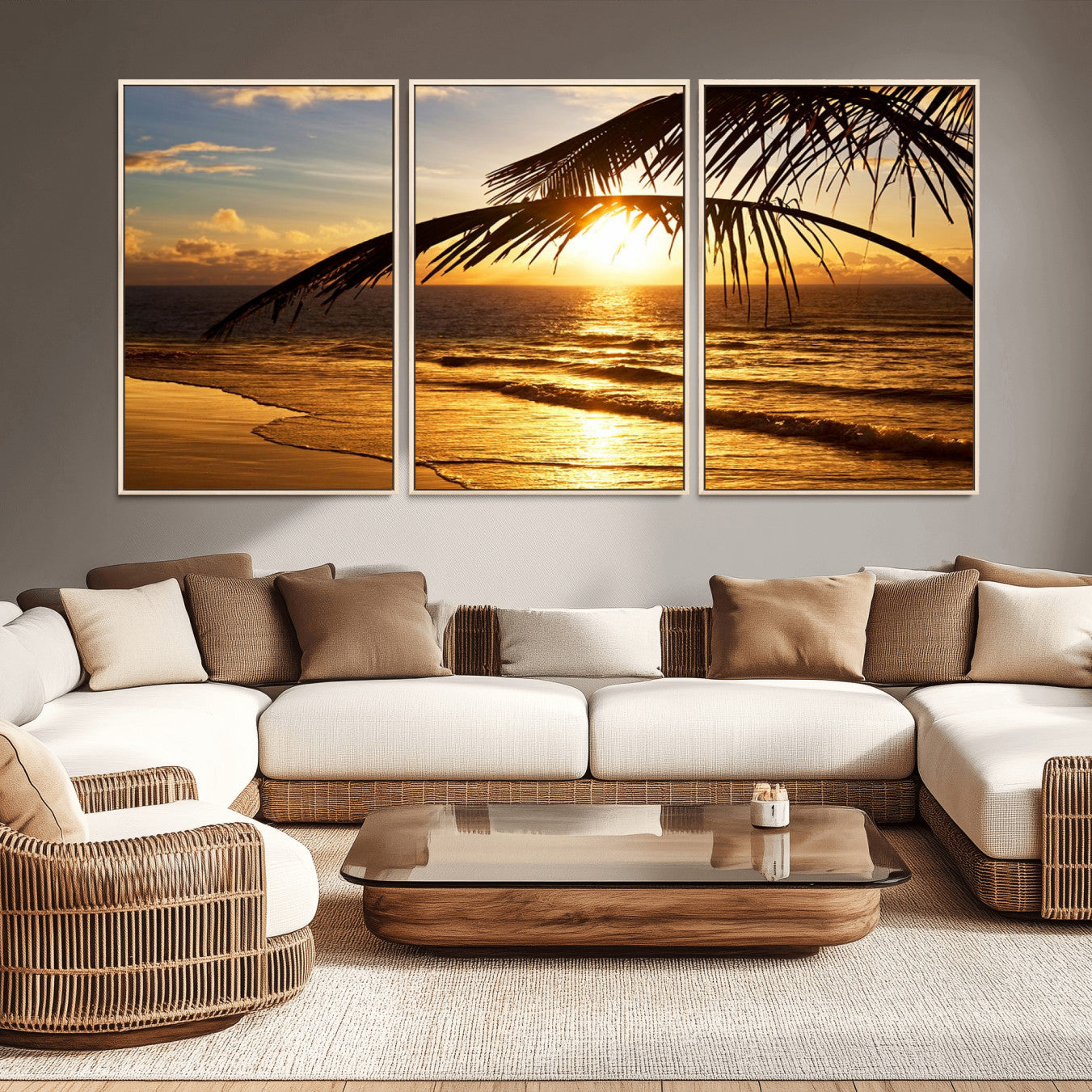 -Golden Tropical Beach Sunset Canvas Triptych, Coastal Palm Tree Wall Art, Ocean Shoreline Giclee
