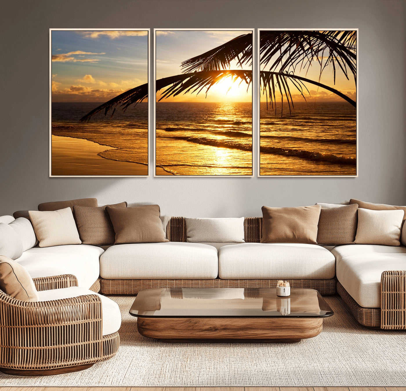 -Golden Tropical Beach Sunset Canvas Triptych, Coastal Palm Tree Wall Art, Ocean Shoreline Giclee