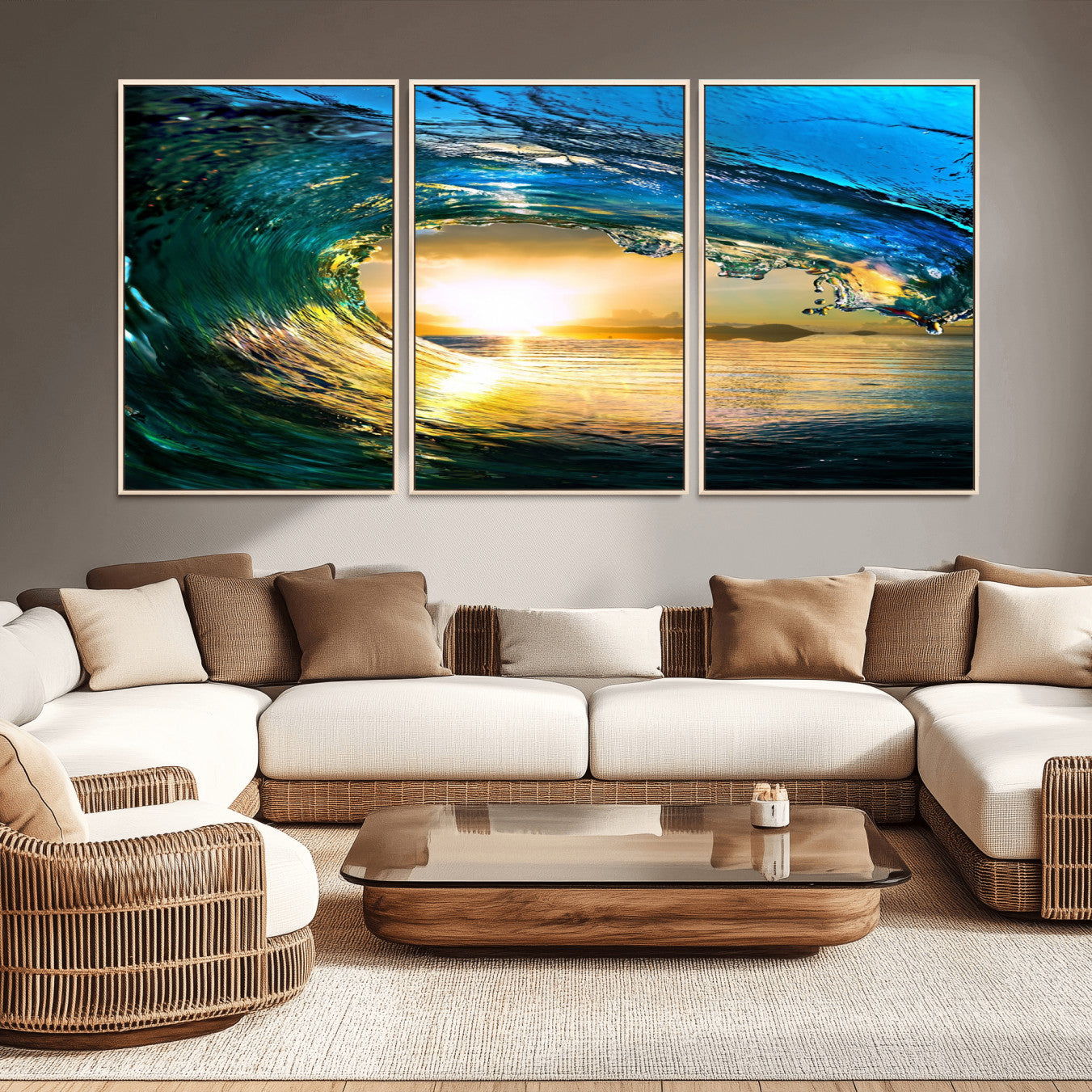 -Ocean Wave at Sunset Canvas Art, Large Wall Print of Vibrant Water Waves, Coastal Art for Living
