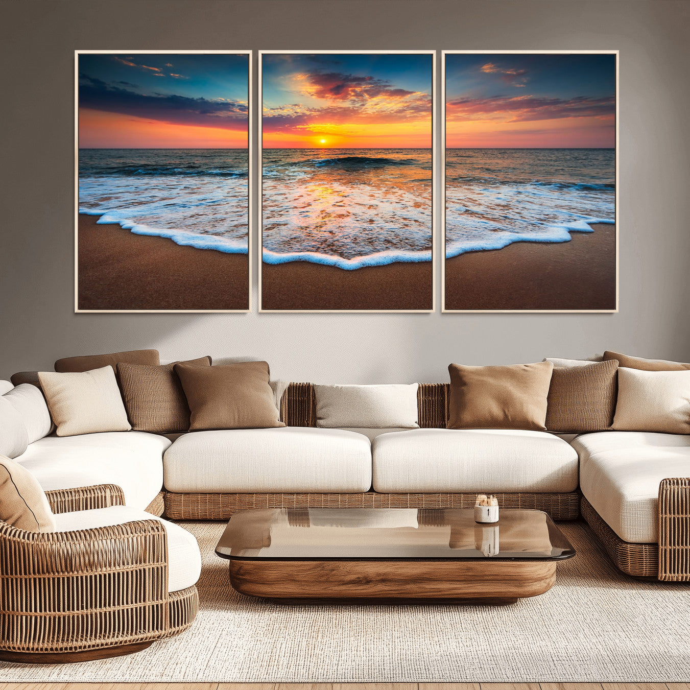 -Sunset Beach Canvas Wall Art – Colorful Ocean Waves Triptych – Coastal Decor for Living Room or