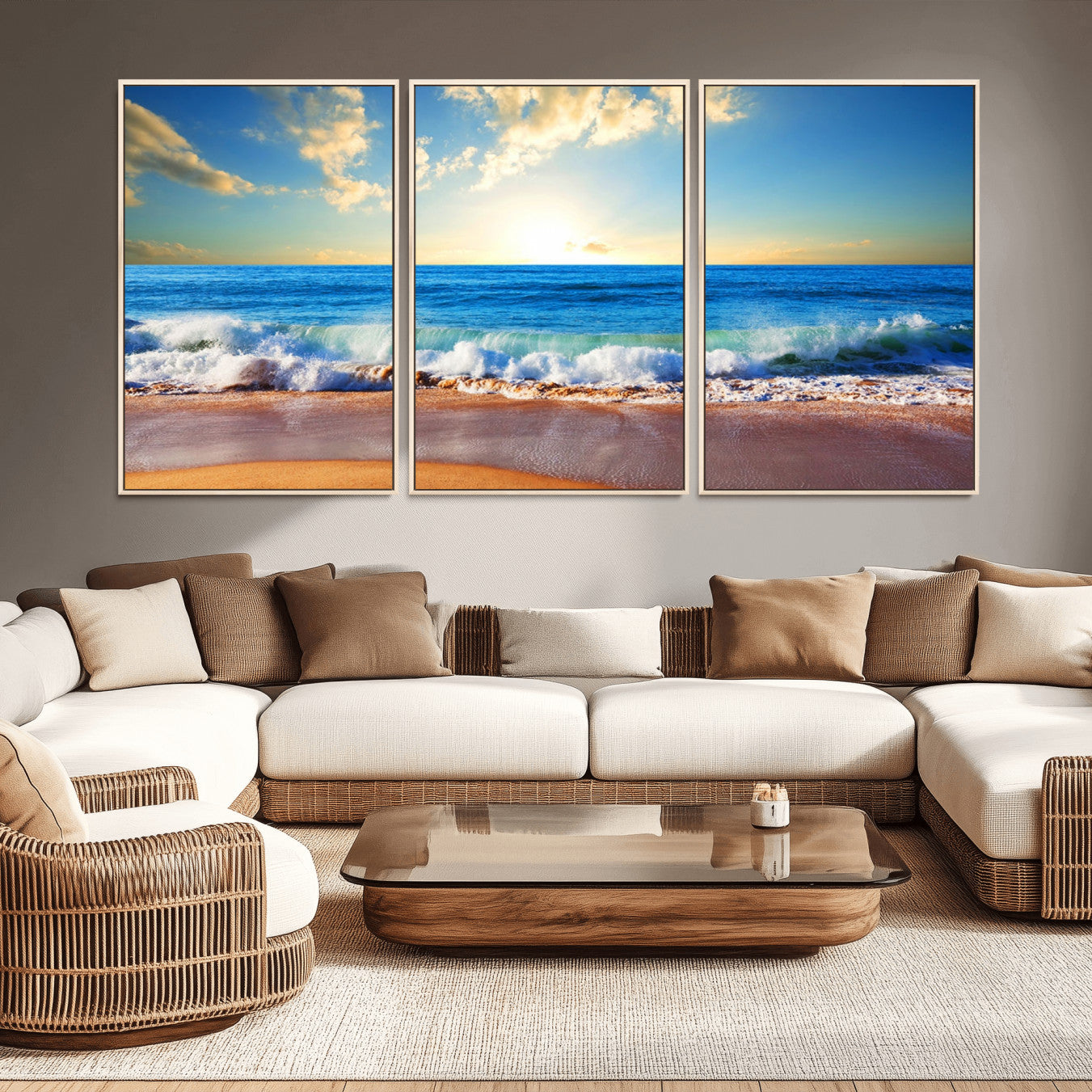 -Tropical Beach Sunset Canvas Art, Ocean Waves and Sandy Shoreline Wall Art, Large Beach Decor for
