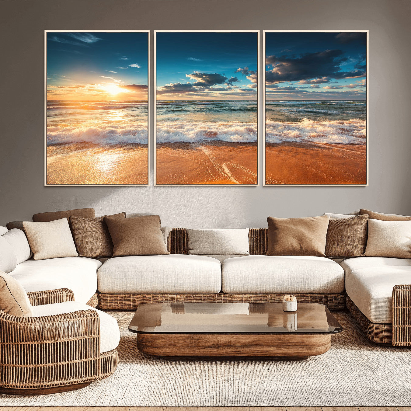 -Golden Sunset Beach Triptych Canvas Art, Giclee Coastal Wall Decor, Ocean Waves Print, Modern Beach