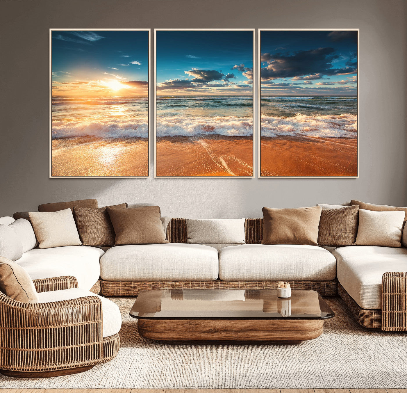 -Golden Sunset Beach Triptych Canvas Art, Giclee Coastal Wall Decor, Ocean Waves Print, Modern Beach