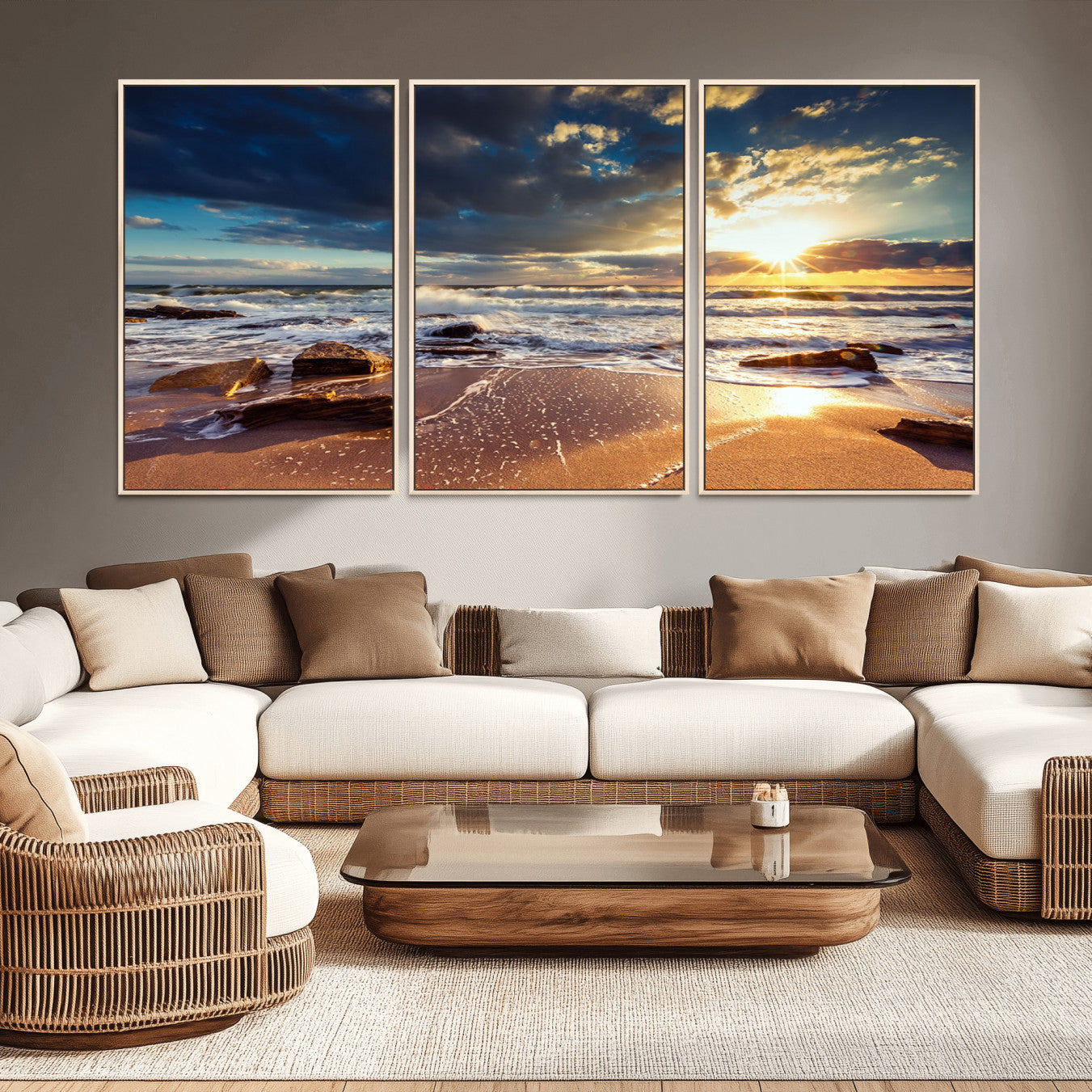 -Golden Hour Beach Sunset Canvas Triptych, Ocean Waves and Rocks Wall Art for Coastal Home Decor