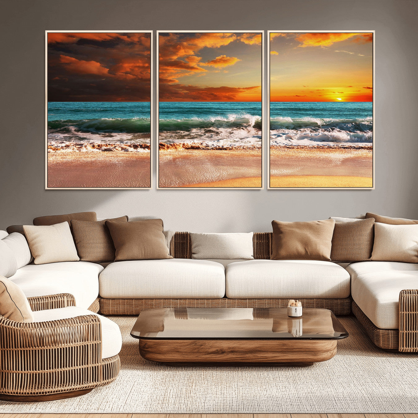 -Golden Sunset Beach Canvas Wall Art – Triptych Seascape Print – Framed and Ready to Hang for Living