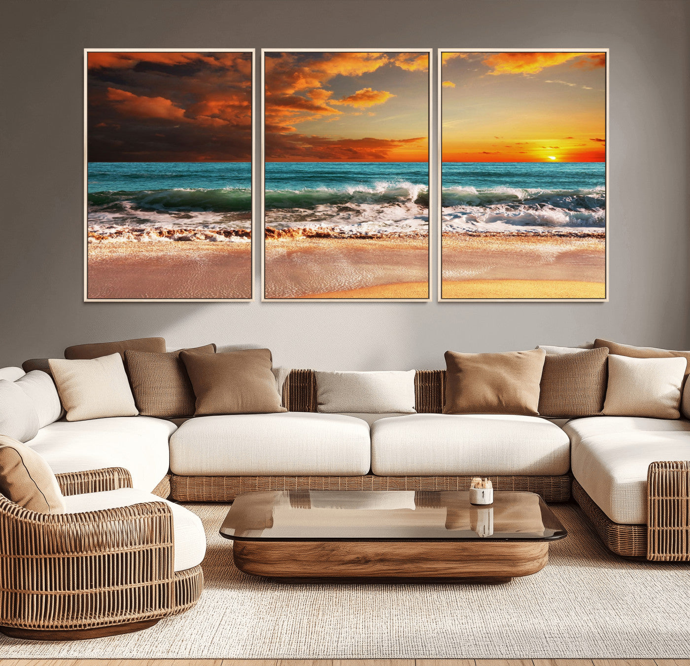 -Golden Sunset Beach Canvas Wall Art – Triptych Seascape Print – Framed and Ready to Hang for Living