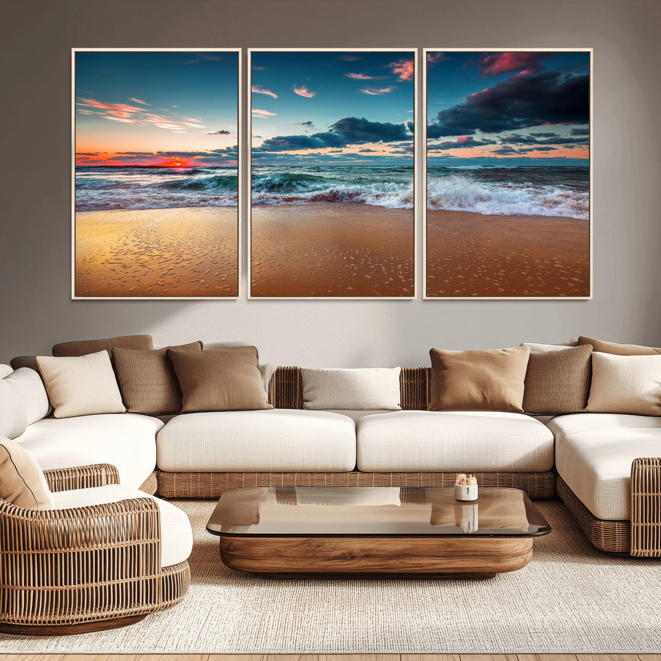 -Sunset on Beach Wall Art Ocean Beach Canvas Print