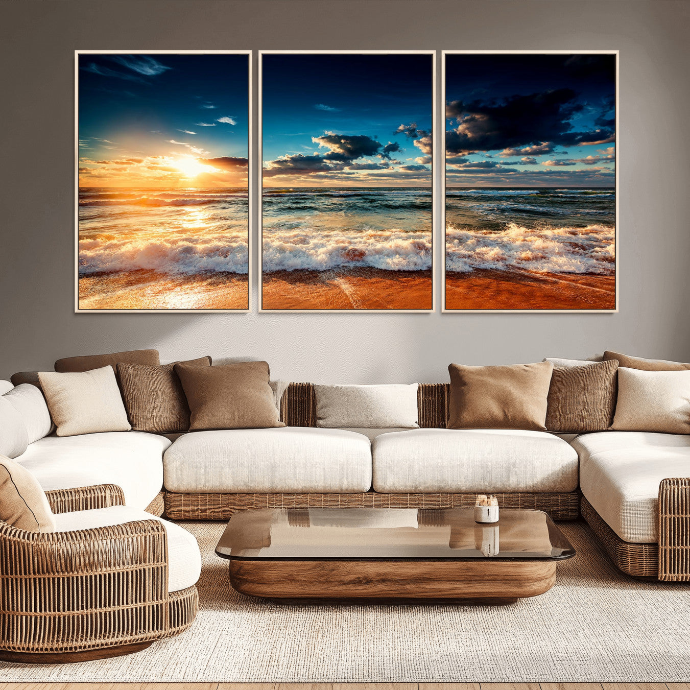-Golden Hour Sunset Over Ocean Waves Wall Art Canvas Print | 3 Panel Coastal Landscape Canvas Wall