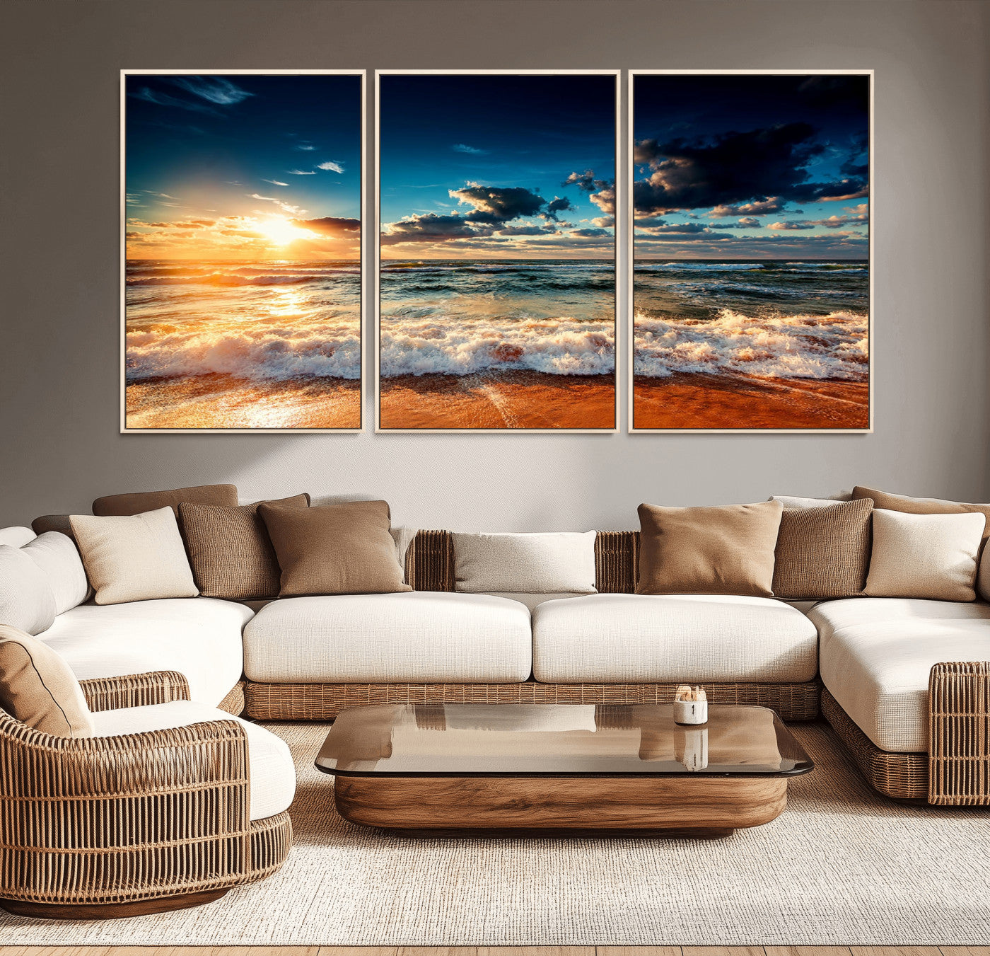 -Golden Hour Sunset Over Ocean Waves Wall Art Canvas Print | 3 Panel Coastal Landscape Canvas Wall