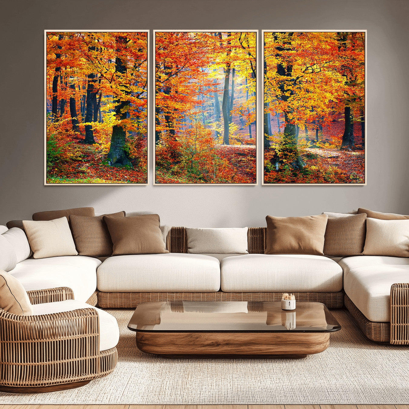 91746-MGV-CV-36X24-Autumn Red Forest Triptych Canvas Wall Art Print, Forest Wall Decor, Fall Landscape Art | Season