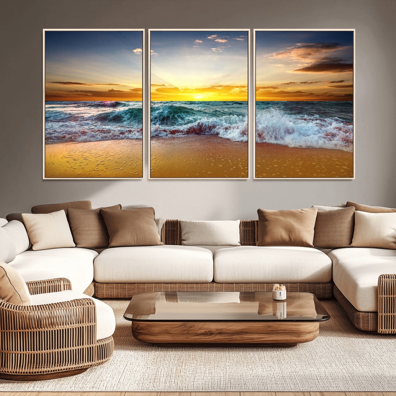 -Golden Sunset Ocean Waves Wall Art Canvas Print – Multi Panel Beach Canvas Print Set – Large Coastal