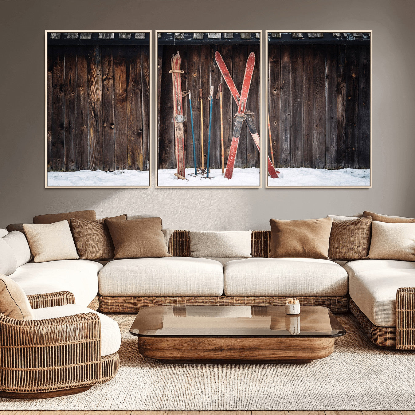 78590-MGV-FC-60X30-3P_Natural-Vintage Ski Gear Canvas Print, Vintage Ski Gear Against Wooden Cabin Wall, Rustic Winter Sports