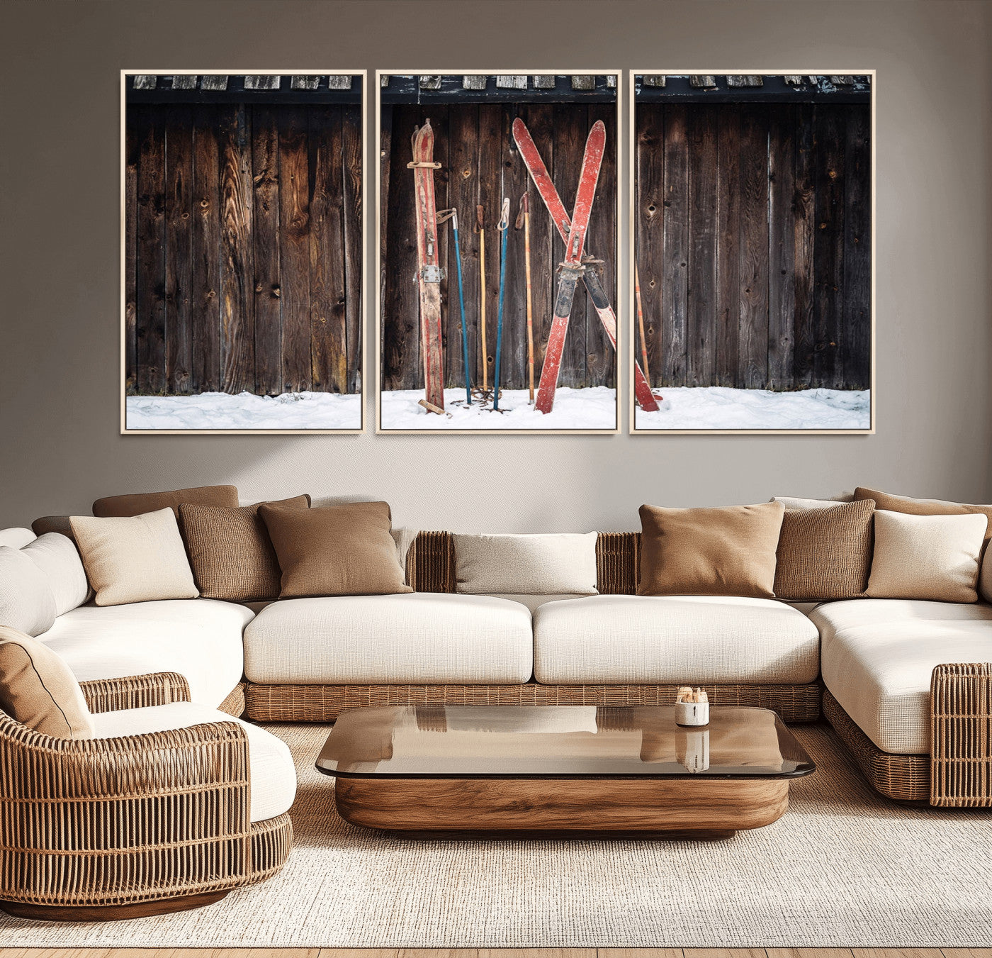 78590-MGV-FC-60X30-3P_Natural-Vintage Ski Gear Canvas Print, Vintage Ski Gear Against Wooden Cabin Wall, Rustic Winter Sports