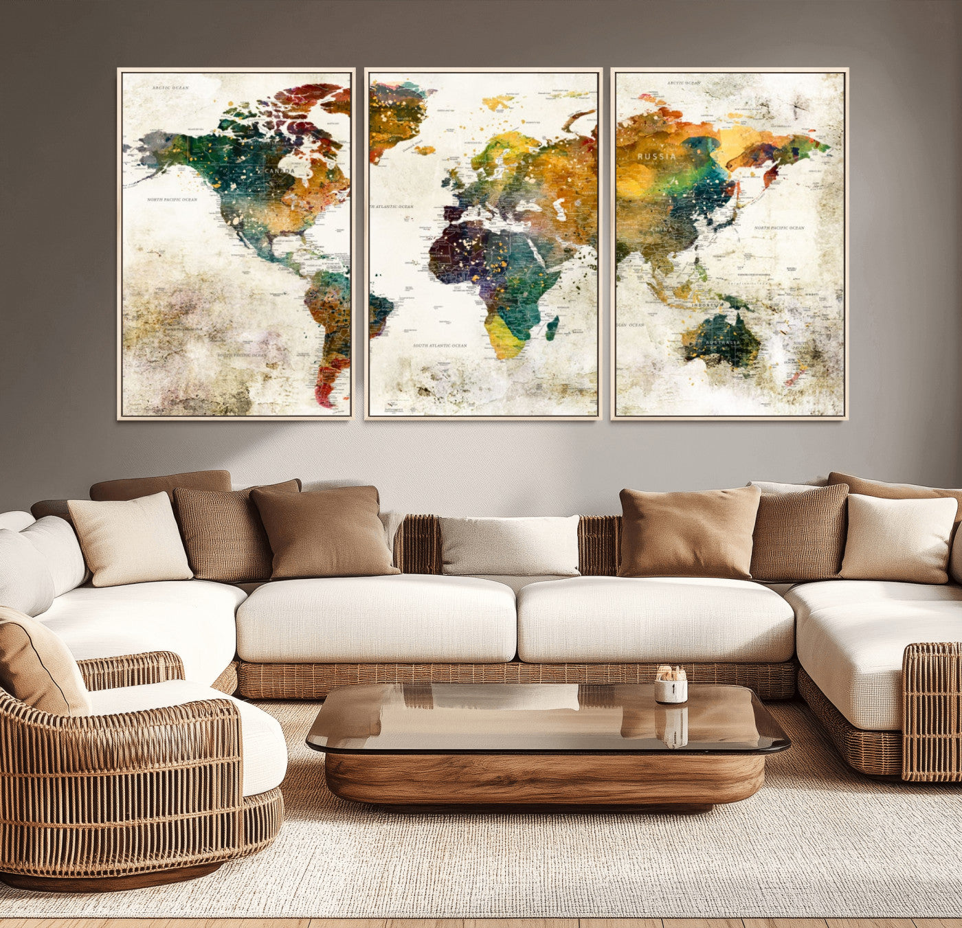 39605-MGV-CV-36X24-Vintage Watercolor World Map Canvas Wall Art – Framed Push Pin Travel Map for Home and Office Decor, Rustic Artistic World Map Artwork