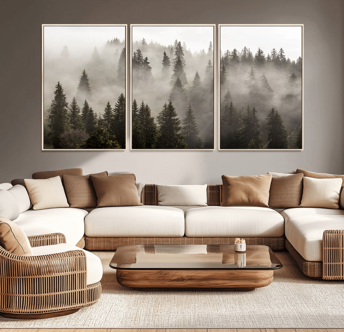 62862-MGV-CV-36X24-Foggy Mountain Wall Art | 3-Panel Foggy Forest and Mountain Landscape | Large Giclee Print for