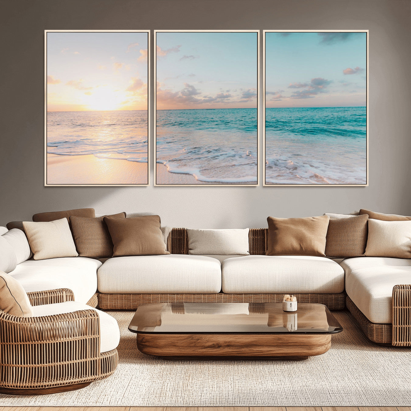 -Tranquil Ocean Beach Sunset Canvas Wall Art | 3-Panel Coastal Decor