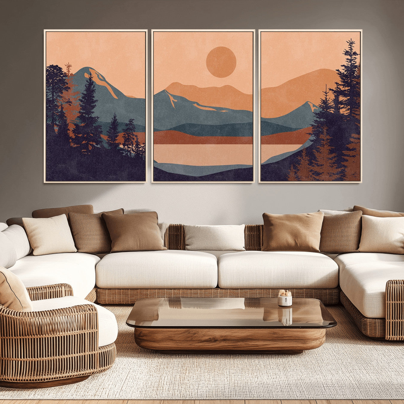 -Modern Boho Sunset Canvas Print, Mountain Landscape Triptych – Giclée Canvas Art Print for Living