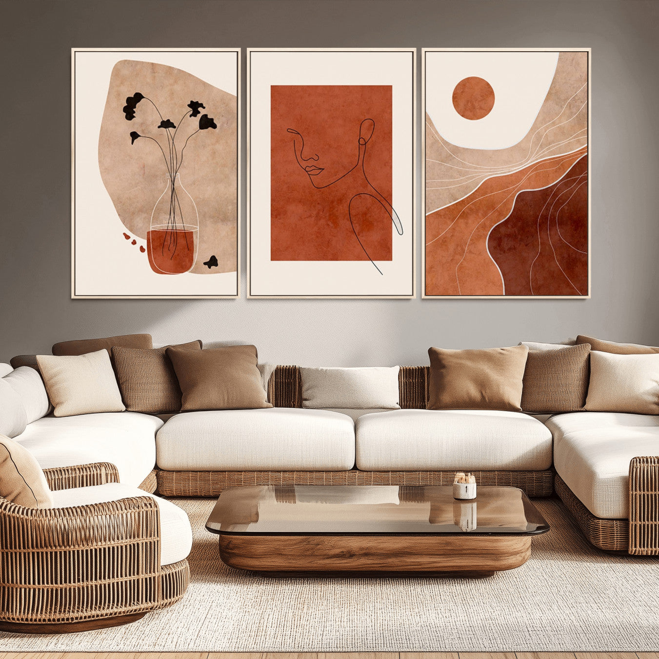 56768-MGV-CV-60X30-3P - Boho Sunset Mountain Canvas Print, Modern Boho Sunset Mountain Landscape Triptych – Giclée Canvas