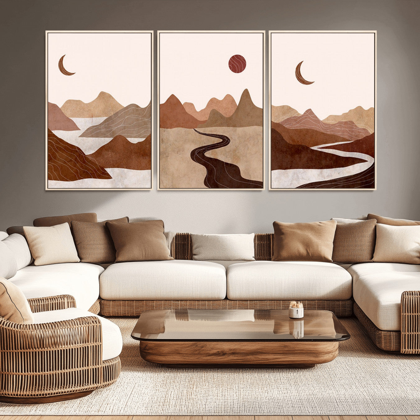 -Boho Wall Art Canvas Print Set Mid-Century Prints Bohemian Wall Artwork Prints Boho Neutral