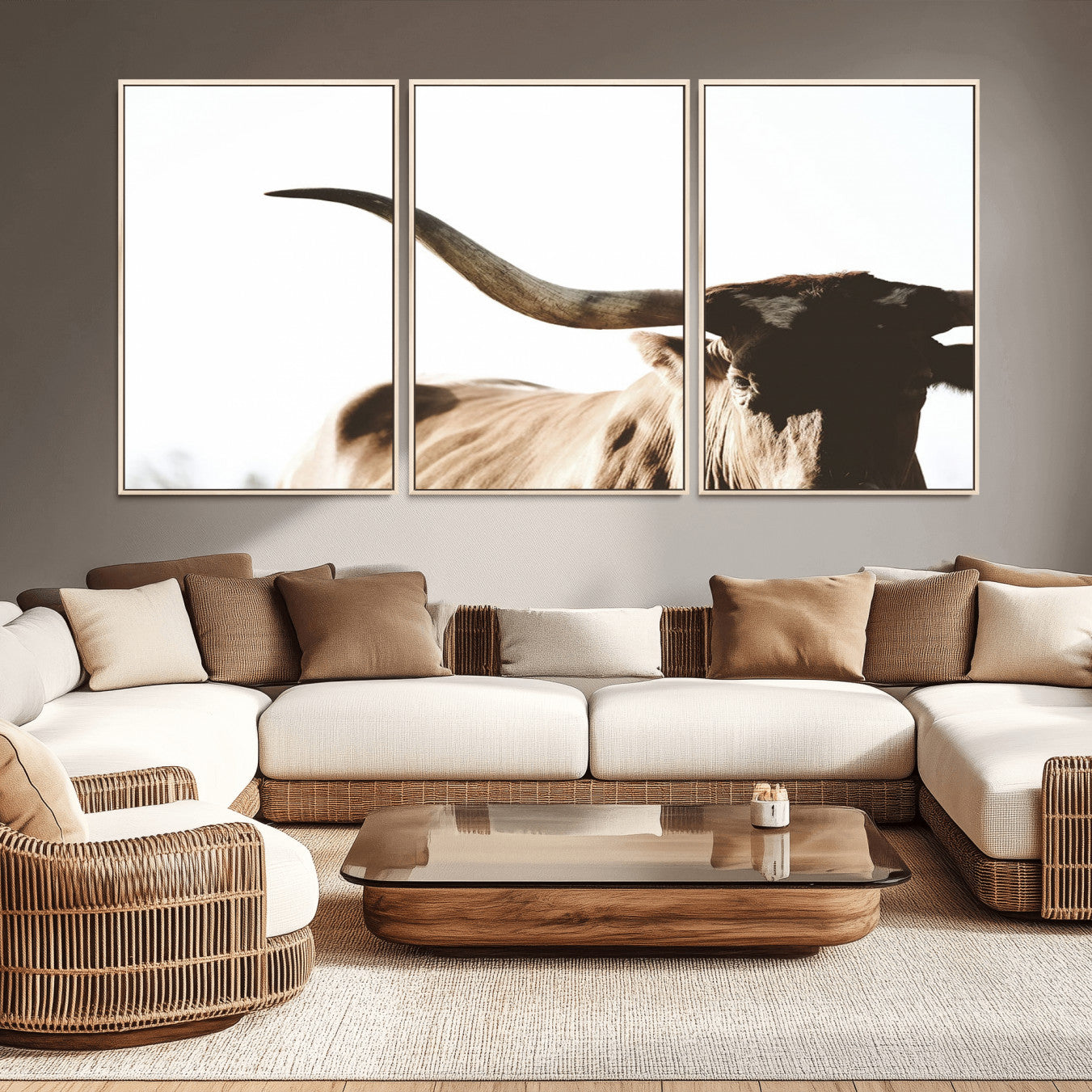 -Texas Longhorn Wall Art Canvas Print | 3-Panel Large Longhorn Canvas Print for Living Room, Framed
