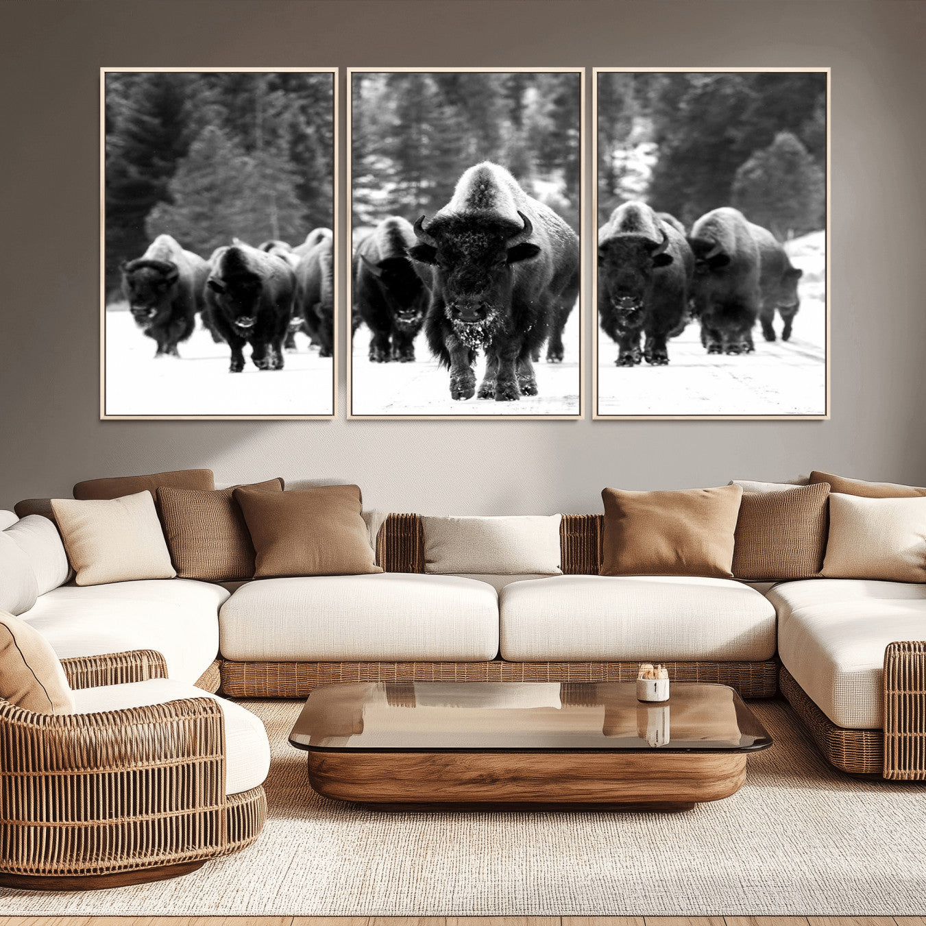 -Bison Herd in Snow Wall Art Canvas Print | Rustic Western Bison Wall Art for Decor for Living Room,