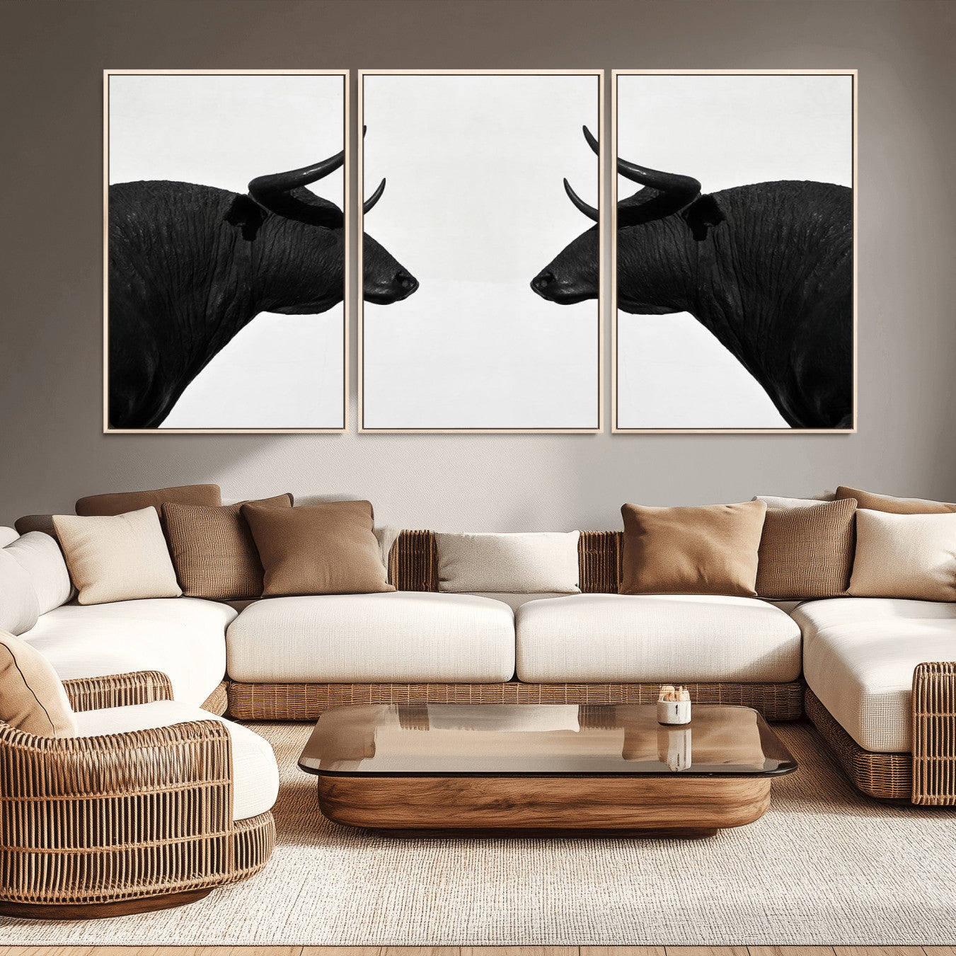 -Spanish Bull Art - Framed Black and White Bull Canvas Print for Modern Rustic Home or Office Decor