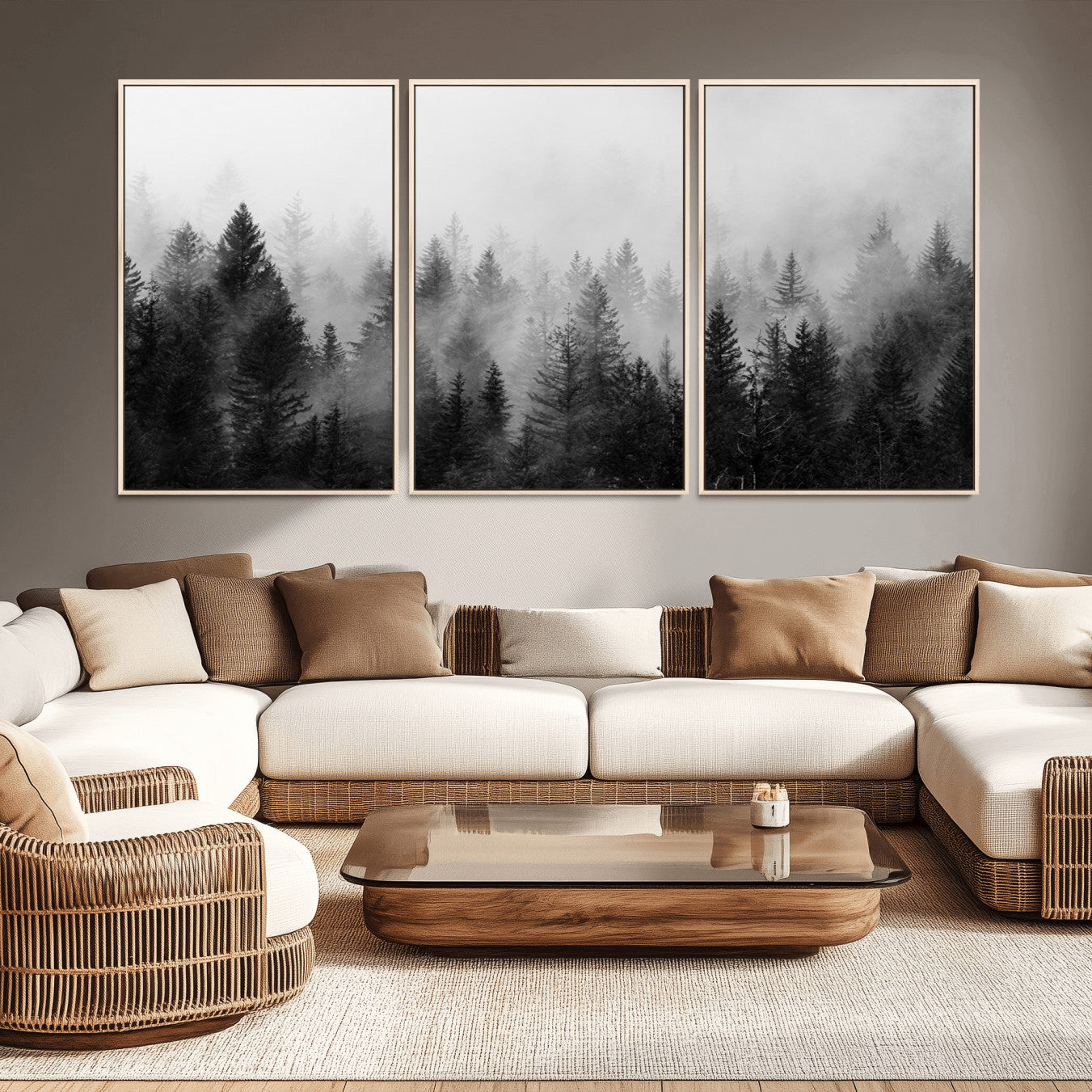 -Foggy Black and White Forest Canvas Wall Art, 3 Panel Misty Pine Trees Canvas Print for Living Room,
