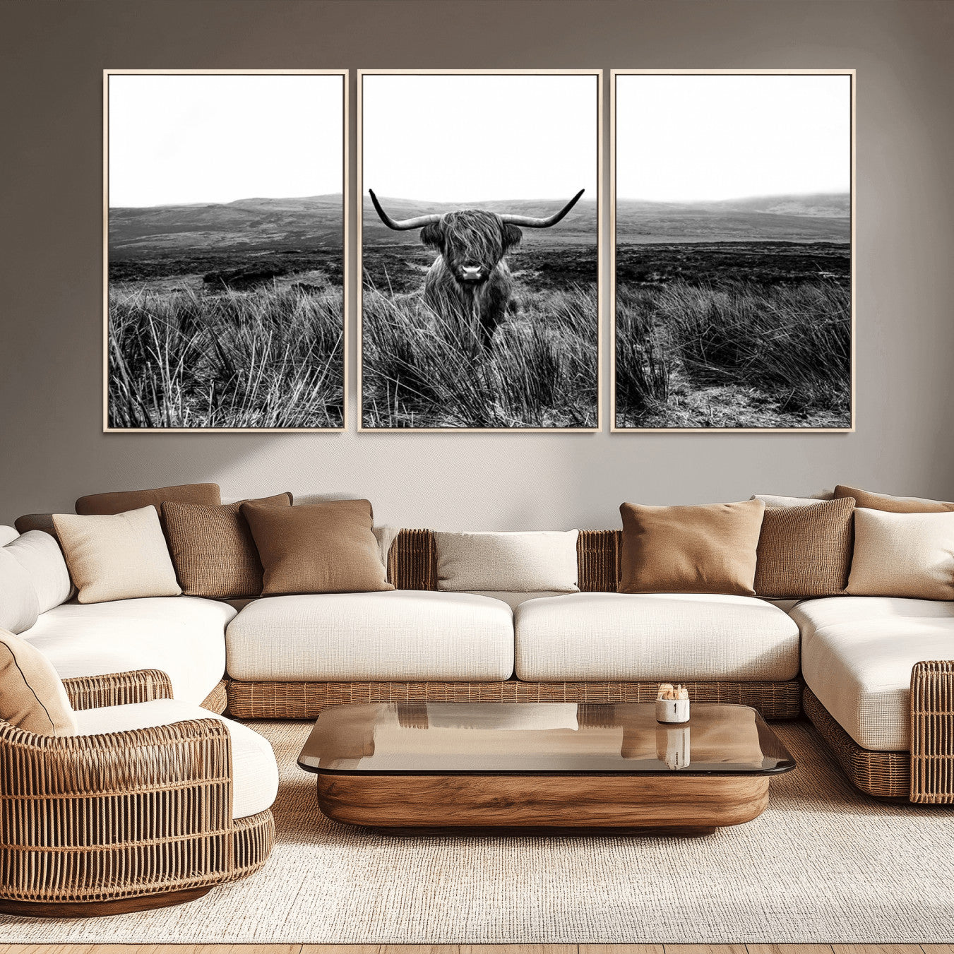 -Black and White Highland Cow Canvas Wall Art, Longhorn Triptych Western Wall Decor for Cabin -