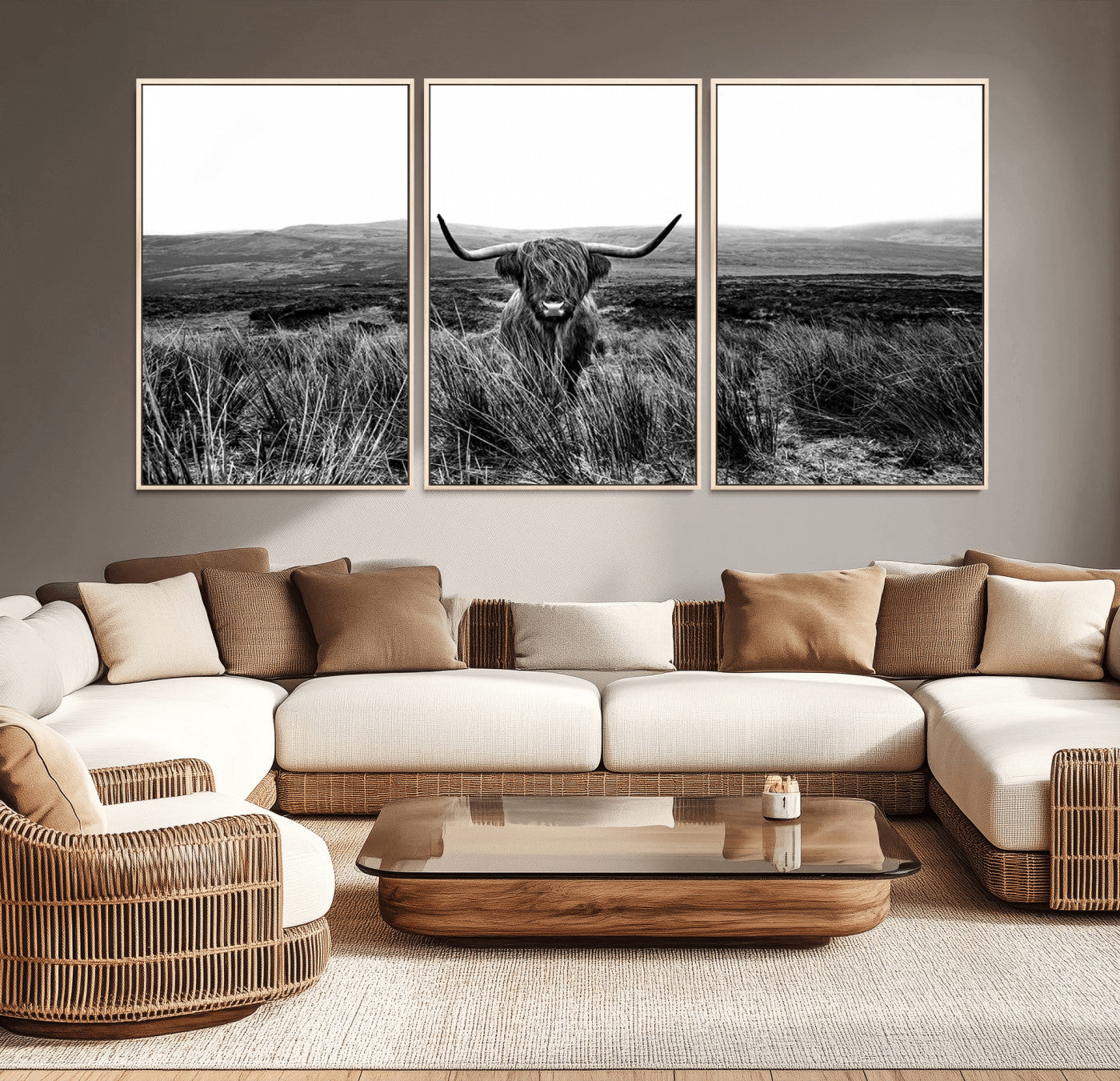 -MGV-CV-36X24-Black and White Highland Cow Canvas Wall Art, Longhorn Triptych Western Wall Decor for Cabin -
