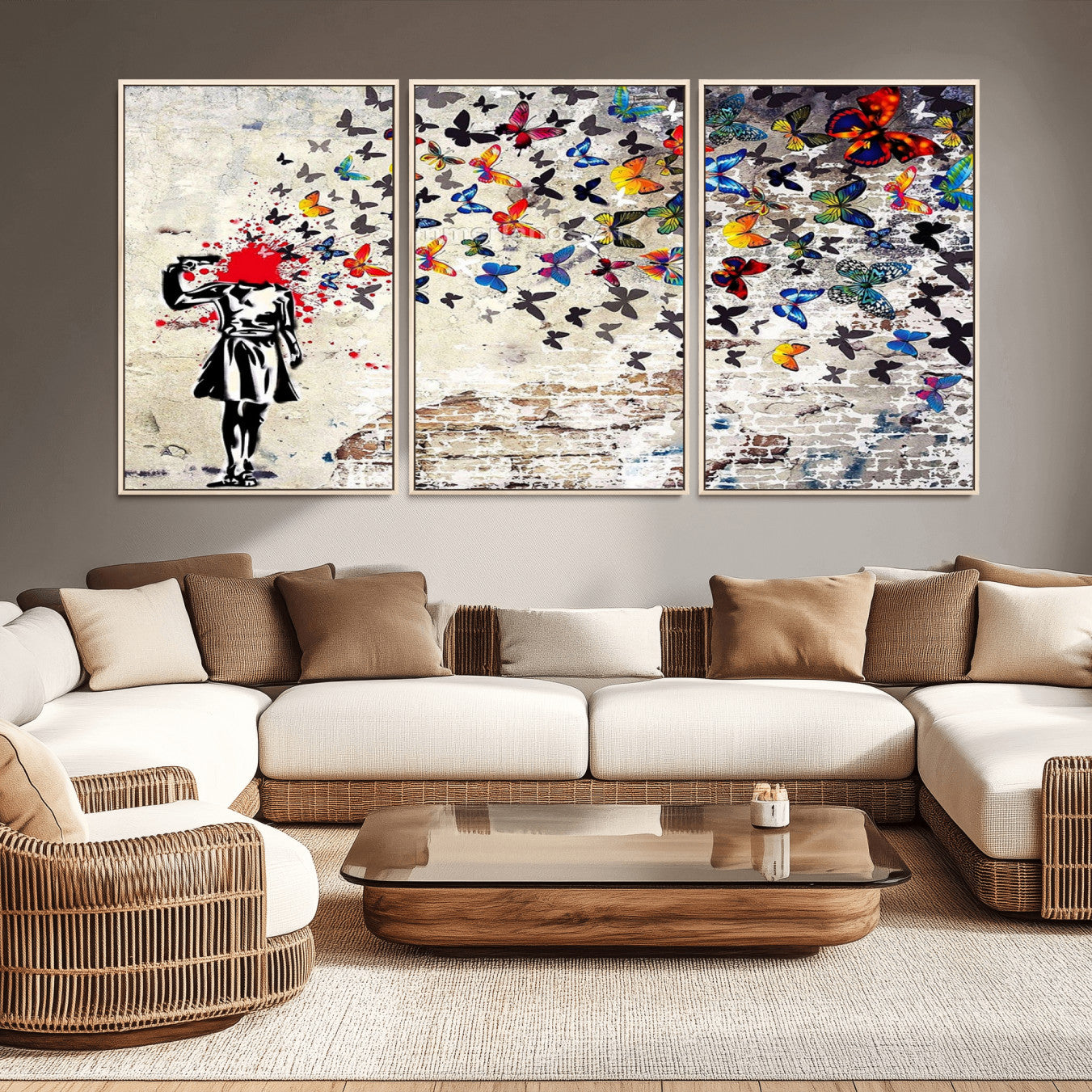 -Banksy Art Butterfly Girl Explosion Canvas Art – Vibrant Urban Graffiti for Modern Interiors - Ready