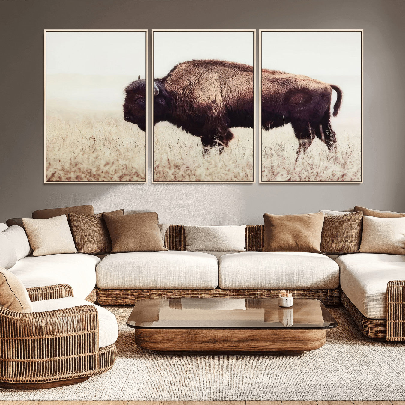 -Bison in Field Wall Art Canvas Print For Farmhouse Barn Decor