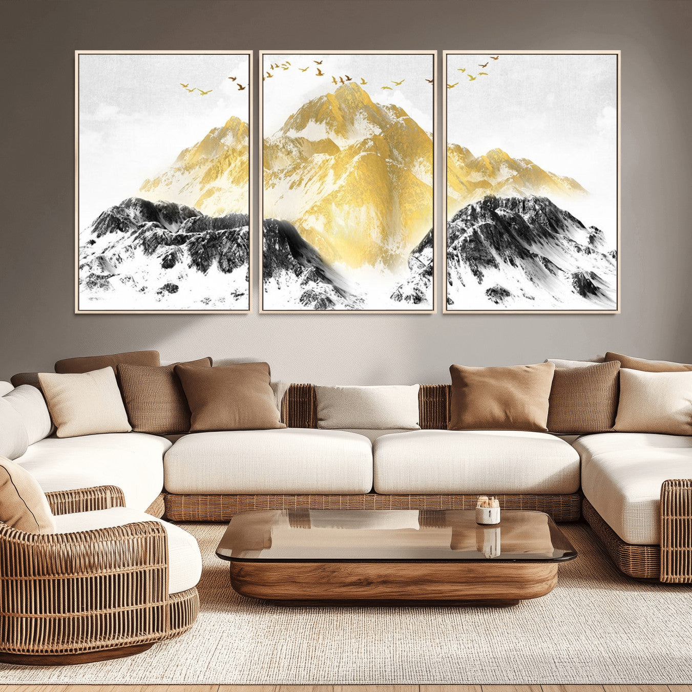 37733-MGV-CV-36X24-Golden Mountain Triptych Wall Art Canvas Print, Modern Giclee Canvas Print, Nature Landscape Decor