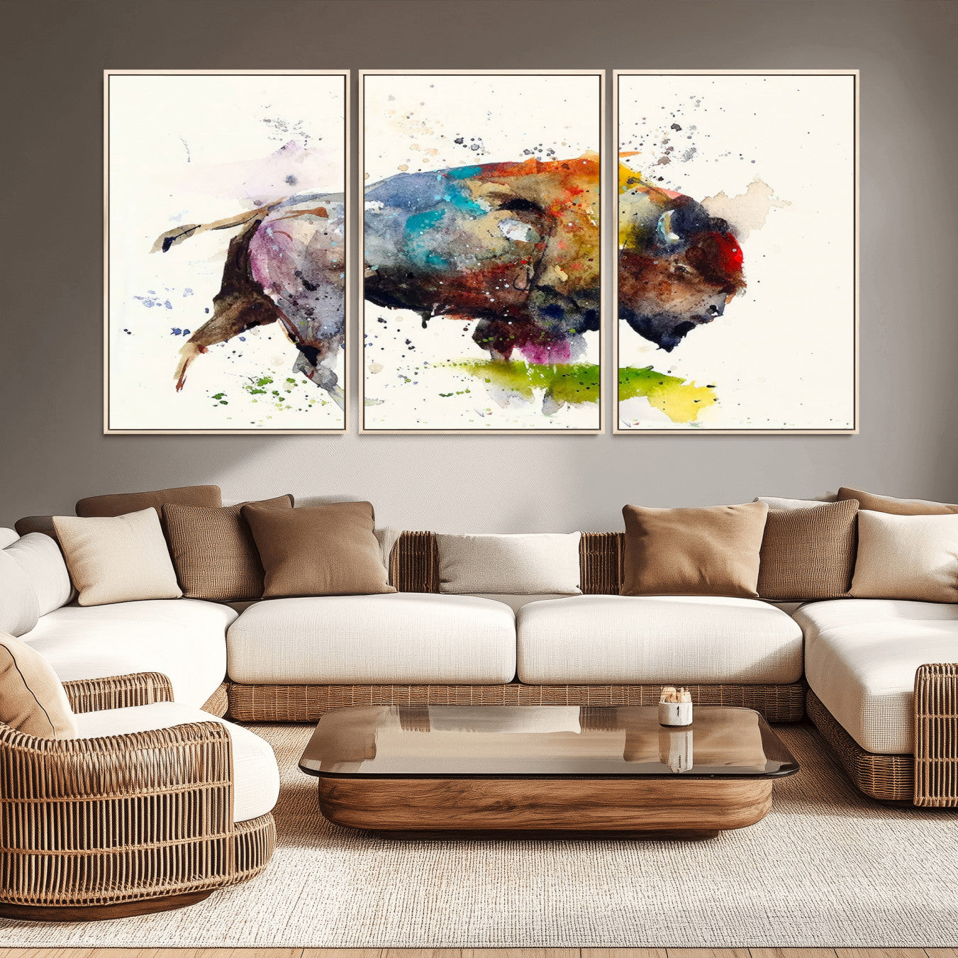 -Abstract Buffalo Wall Art, Western Watercolor Bison Canvas Print, Rustic Buffalo Art for Cowboy and